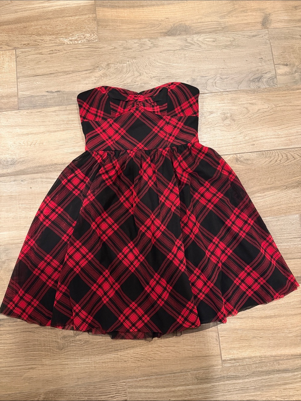 Betsey Johnson Red and Black Plaid Strapless Fit-and-Flare Mini Dress